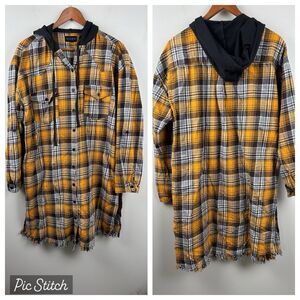 Risen Women Tunic M Plaid Hoodie Shirt Dress Ylw Black Flannel Frayed Hem Pocket